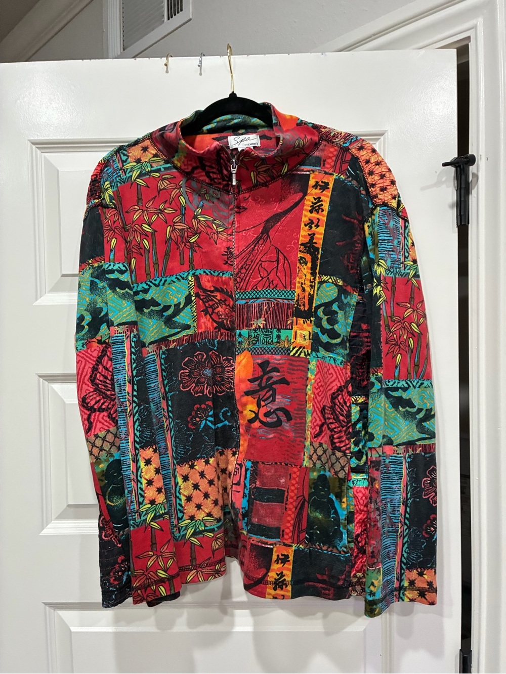 Y2K Chico's Spa Bright Red & Teal Printed Zip Jacket